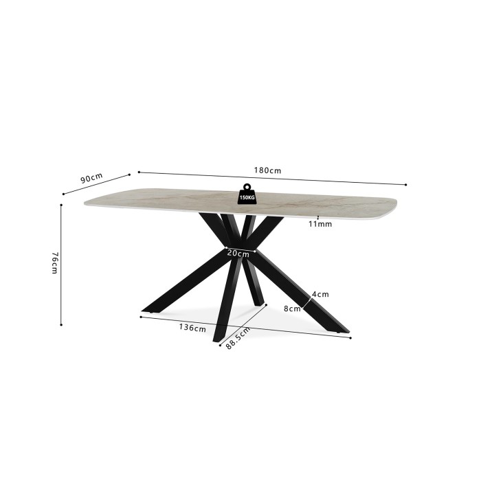 Table à manger ARVENA – 180x90 cm – Coloris pierre marbré beige – Plateau effet pierre – Design élégant et moderne 