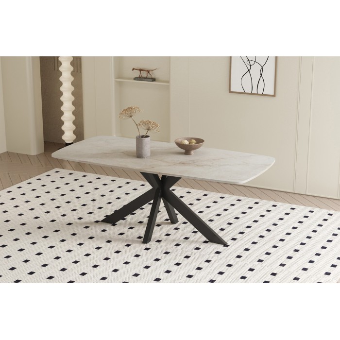 Table à manger ARVENA – 180x90 cm – Coloris pierre marbré beige – Plateau effet pierre – Design élégant et moderne 