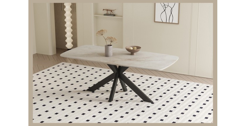 Table à manger ARVENA – 180x90 cm – Coloris pierre marbré beige – Plateau effet pierre – Design élégant et moderne 