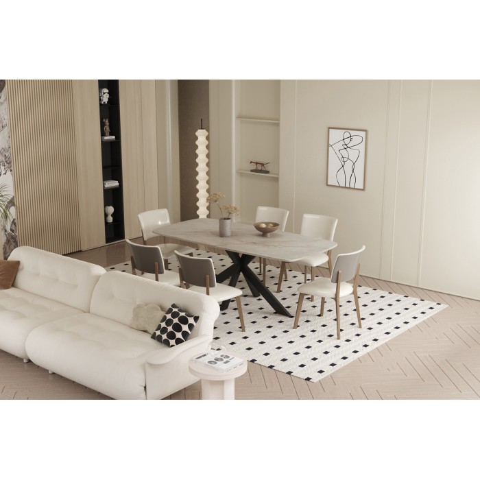 Table à manger ARVENA – 180x90 cm – Coloris pierre marbré beige – Plateau effet pierre – Design élégant et moderne 