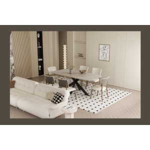 Table à manger ARVENA – 180x90 cm – Coloris pierre marbré beige – Plateau effet pierre – Design élégant et moderne 