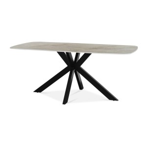 Table à manger ARVENA – 180x90 cm – Coloris pierre marbré beige – Plateau effet pierre – Design élégant et moderne 