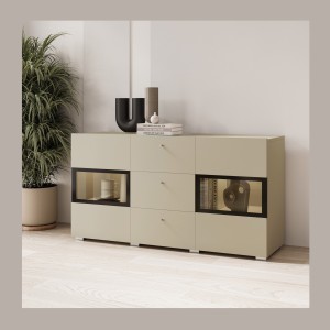 Buffet RAMOS 130 cm – Hellbeige – 2 Glastüren und 3 Schubladen – Ohne LED