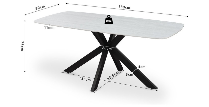 Table ARVENA 180x90 cm – Coloris pierre grise – Table salle à manger design – Plateau effet pierre et métal 