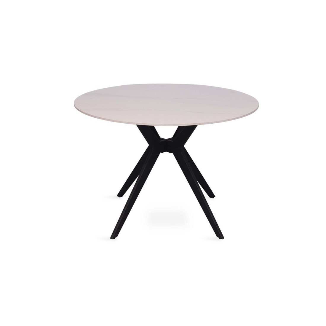 Table à manger ronde ARVENA – 110 cm – Plateau en pierre frittée – Coloris blanc – Design métal élégant 