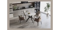 Table à manger ronde ARVENA – 110 cm – Plateau en pierre frittée – Coloris blanc – Design métal élégant 