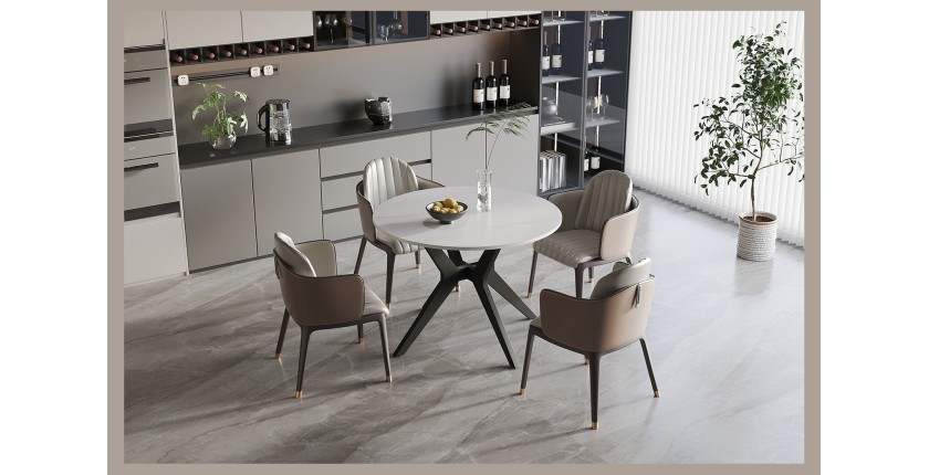 Table à manger ronde ARVENA – 110 cm – Plateau en pierre frittée – Coloris blanc – Design métal élégant 