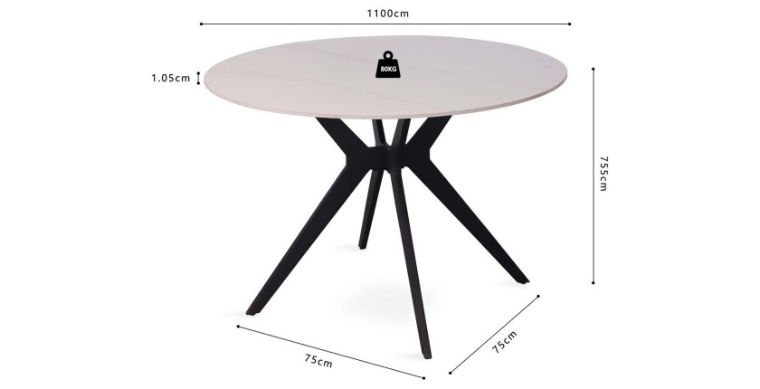 Table à manger ronde ARVENA – 110 cm – Plateau en pierre frittée – Coloris blanc – Design métal élégant 