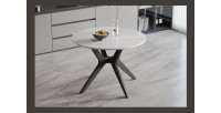 Table à manger ronde ARVENA – 110 cm – Plateau en pierre frittée – Coloris blanc – Design métal élégant 