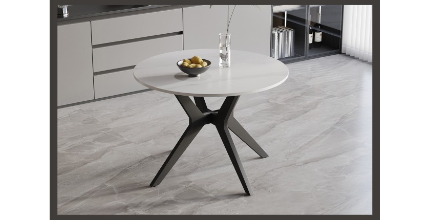 Table à manger ronde ARVENA – 110 cm – Plateau en pierre frittée – Coloris blanc – Design métal élégant 
