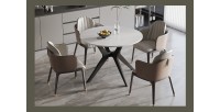 Table à manger ronde ARVENA – 110 cm – Plateau en pierre frittée – Coloris blanc – Design métal élégant 