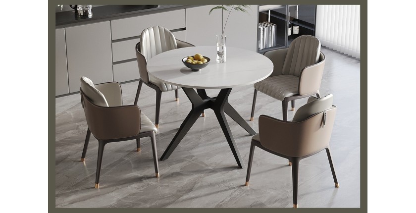 Table à manger ronde ARVENA – 110 cm – Plateau en pierre frittée – Coloris blanc – Design métal élégant 