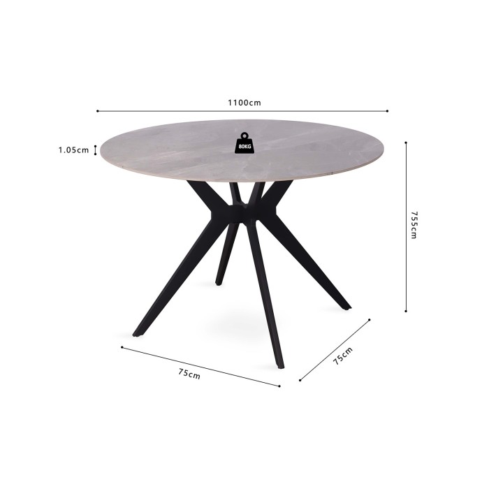 Table à manger ronde ARVENA – 110 cm – Plateau en pierre frittée – Coloris gris – Design contemporain et robuste 