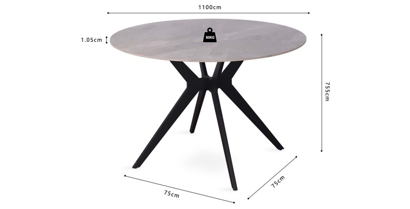Table à manger ronde ARVENA – 110 cm – Plateau en pierre frittée – Coloris gris – Design contemporain et robuste 