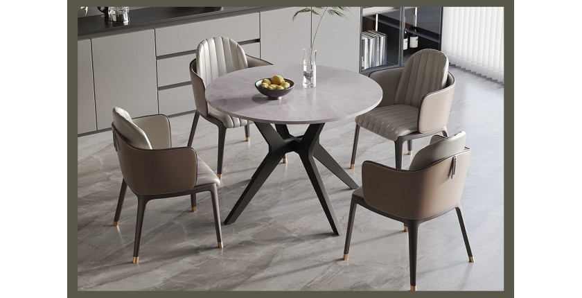 Table à manger ronde ARVENA – 110 cm – Plateau en pierre frittée – Coloris gris – Design contemporain et robuste 