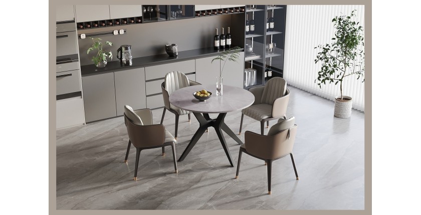 Table à manger ronde ARVENA – 110 cm – Plateau en pierre frittée – Coloris gris – Design contemporain et robuste 