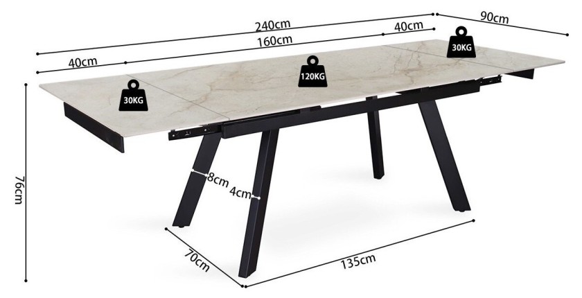 Table extensible LAROS – 160 à 240 cm – Plateau en pierre marbré beige – Structure métal – Design haut de gamme 