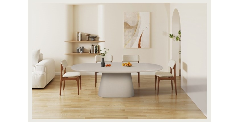 Table à manger TARAVI – 220 cm – Design béton – Coloris ciment beige – Plateau et pieds en MDF 