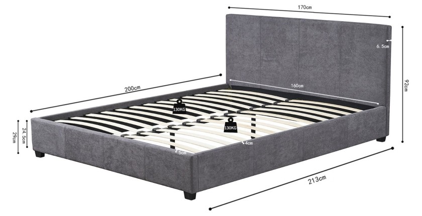 Lit double ROMA 160x200 cm – PU gris – Sommier inclus – Design moderne et confort quotidien
