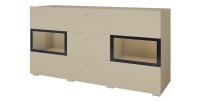 Buffet RAMOS 130 cm – Beige clair – LED multicolore intégrée – 2 portes vitrées et 3 tiroirs