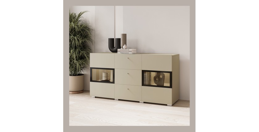 Buffet RAMOS 130 cm – Beige clair – LED multicolore intégrée – 2 portes vitrées et 3 tiroirs