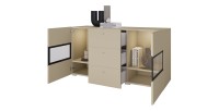 Buffet RAMOS 130 cm – Beige clair – LED multicolore intégrée – 2 portes vitrées et 3 tiroirs