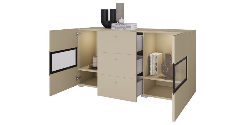 Buffet RAMOS 130 cm – Beige clair – LED multicolore intégrée – 2 portes vitrées et 3 tiroirs
