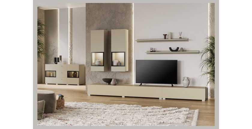 Buffet RAMOS 130 cm – Beige clair – LED multicolore intégrée – 2 portes vitrées et 3 tiroirs