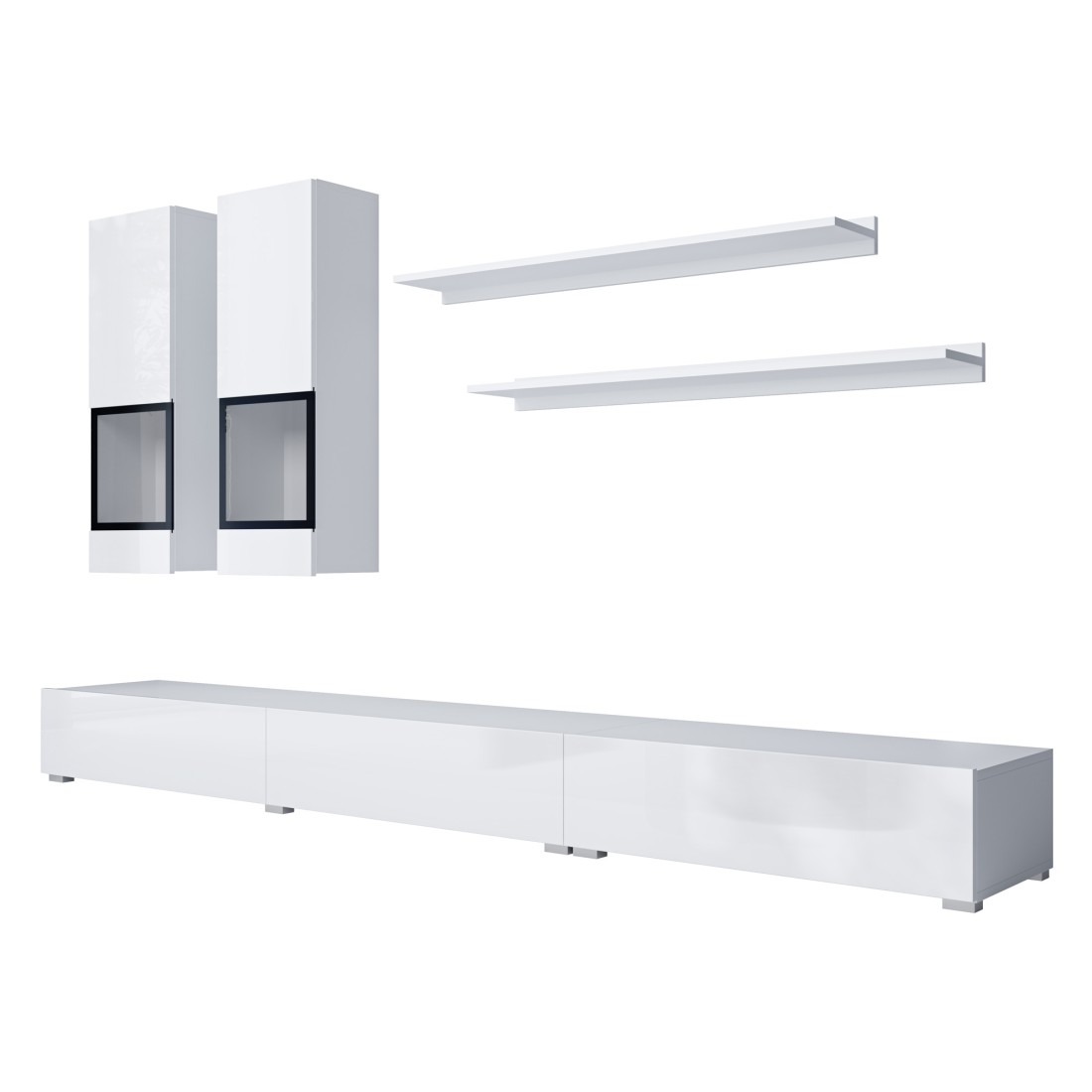 Composizione murale RAMOS – Colore bianco – Mobile TV XL, 2 vetrine e 2 scaffali – Design