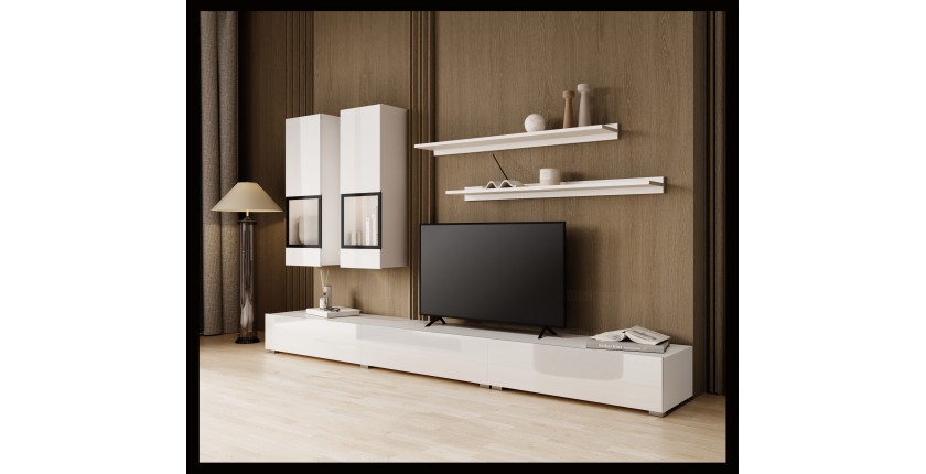 Composition murale RAMOS – Coloris blanc – Meuble TV XL, 2 vitrines et 2 étagères – Design