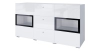 Buffet RAMOS – 2 portes vitrées + 3 tiroirs – Coloris blanc brillant et noir – LED non incluse