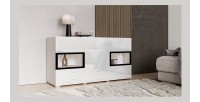 Buffet RAMOS – 2 portes vitrées + 3 tiroirs – Coloris blanc brillant et noir – LED non incluse