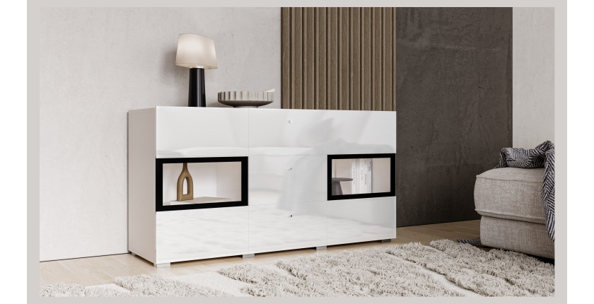 Buffet RAMOS – 2 portes vitrées + 3 tiroirs – Coloris blanc brillant et noir – LED non incluse