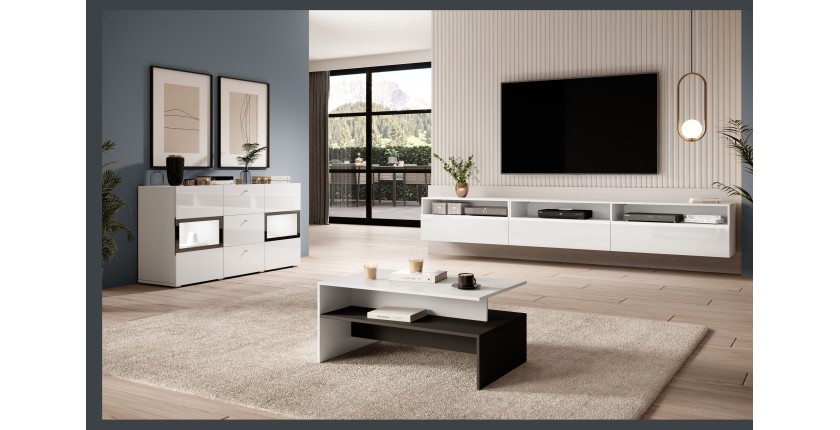 Buffet RAMOS – 2 portes vitrées + 3 tiroirs – Coloris blanc brillant et noir – LED non incluse