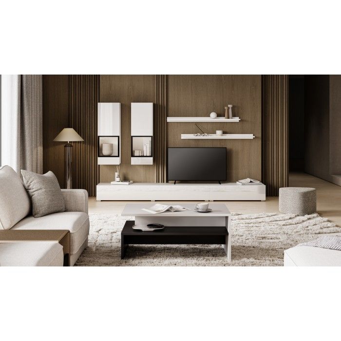 Wandmeubel RAMOS - Glanzend witte kleur - Multikleuren LED, extra groot TV-meubel, vitrines en planken