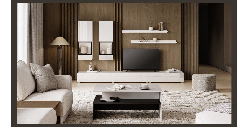 Composition murale RAMOS – Coloris blanc brillant – LED multicolores, meuble TV XL, vitrines et étagères