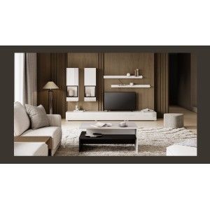 Composition murale RAMOS – Coloris blanc brillant – LED multicolores, meuble TV XL, vitrines et étagères