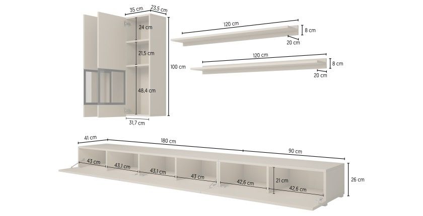 Composition murale RAMOS – Coloris blanc brillant – LED multicolores, meuble TV XL, vitrines et étagères
