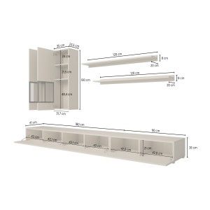 Composition murale RAMOS – Coloris blanc brillant – LED multicolores, meuble TV XL, vitrines et étagères
