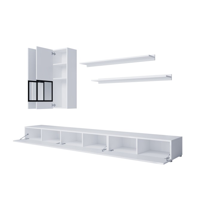 Wandmeubel RAMOS - Glanzend witte kleur - Multikleuren LED, extra groot TV-meubel, vitrines en planken