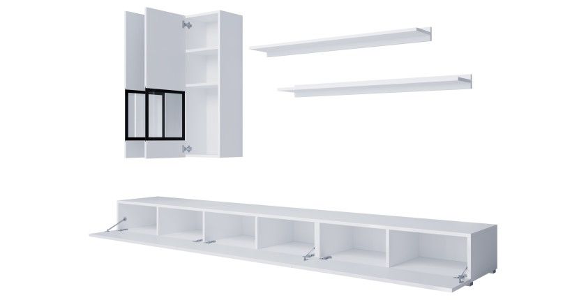 Composition murale RAMOS – Coloris blanc brillant – LED multicolores, meuble TV XL, vitrines et étagères