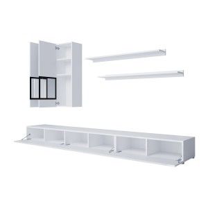 Composition murale RAMOS – Coloris blanc brillant – LED multicolores, meuble TV XL, vitrines et étagères