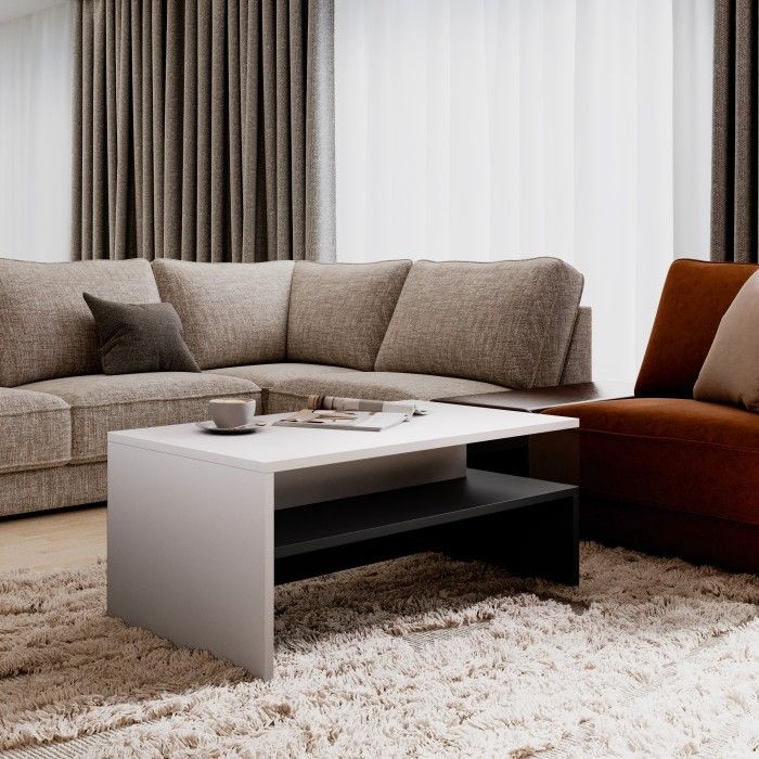 Table basse RAMOS – Coloris noir et blanc – Design moderne – Plateau intermédiaire et structure géométrique