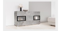 Buffet RAMOS – 2 portes vitrées + 3 tiroirs – Gris effet béton et noir – Sans LED
