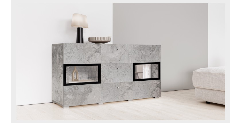 Buffet RAMOS – 2 Glastüren + 3 Schubladen – Grau Betoneffekt und Schwarz – Ohne LED