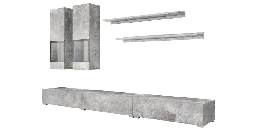 Conjunto para sala RAMOS – Gris efecto concreto – Mueble para TV XL + vitrinas + estantes – Sin LED