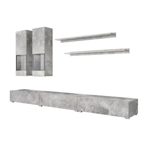 Set salotto da parete RAMOS – Effetto cemento grigio – Mobile TV XL + vetrine + scaffali – Senza LED