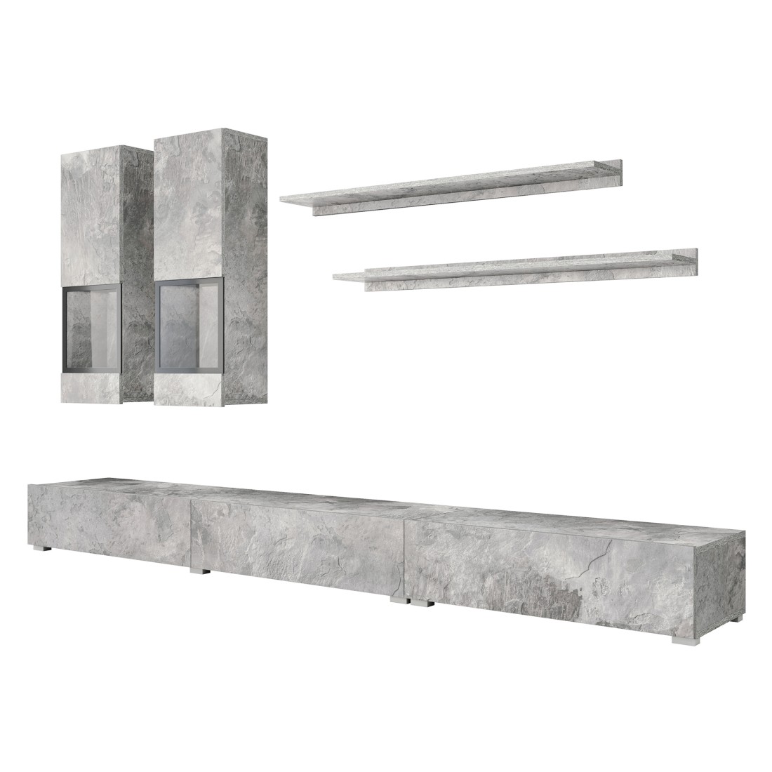 Set salotto da parete RAMOS – Effetto cemento grigio – Mobile TV XL + vetrine + scaffali – Senza LED