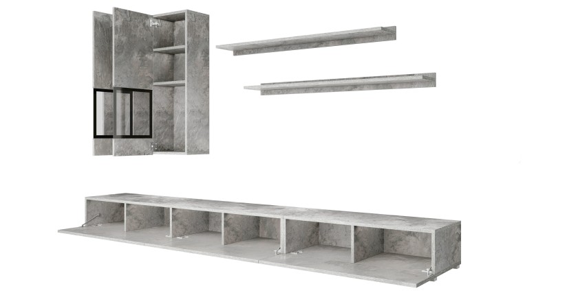 Set salotto da parete RAMOS – Effetto cemento grigio – Mobile TV XL + vetrine + scaffali – Senza LED