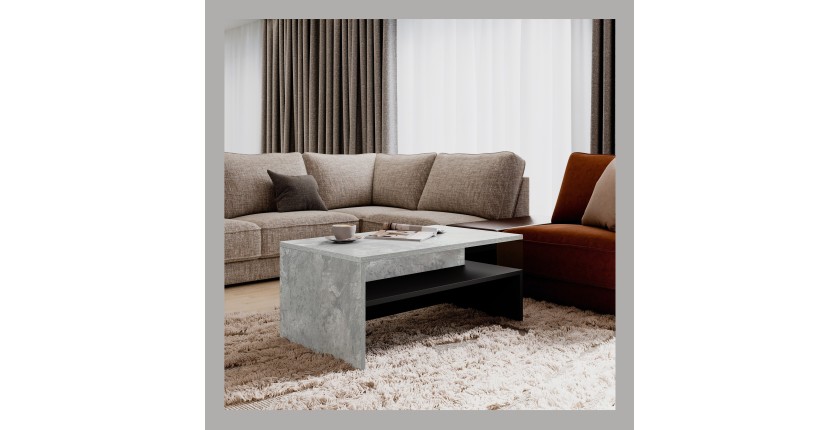 Table basse design RAMOS – Gris effet béton et noir – Plateau avec rangement – 100 x 60 cm
